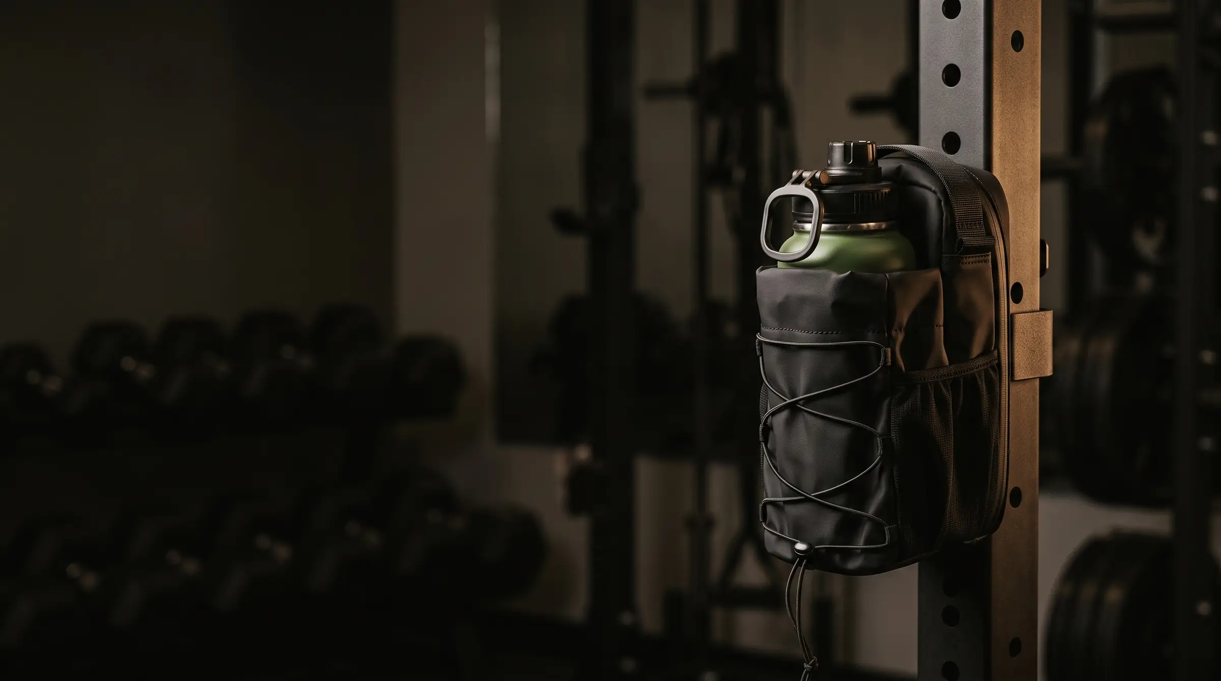 Black MAGLOCK gym bag held to a squat rack by its magnetic back