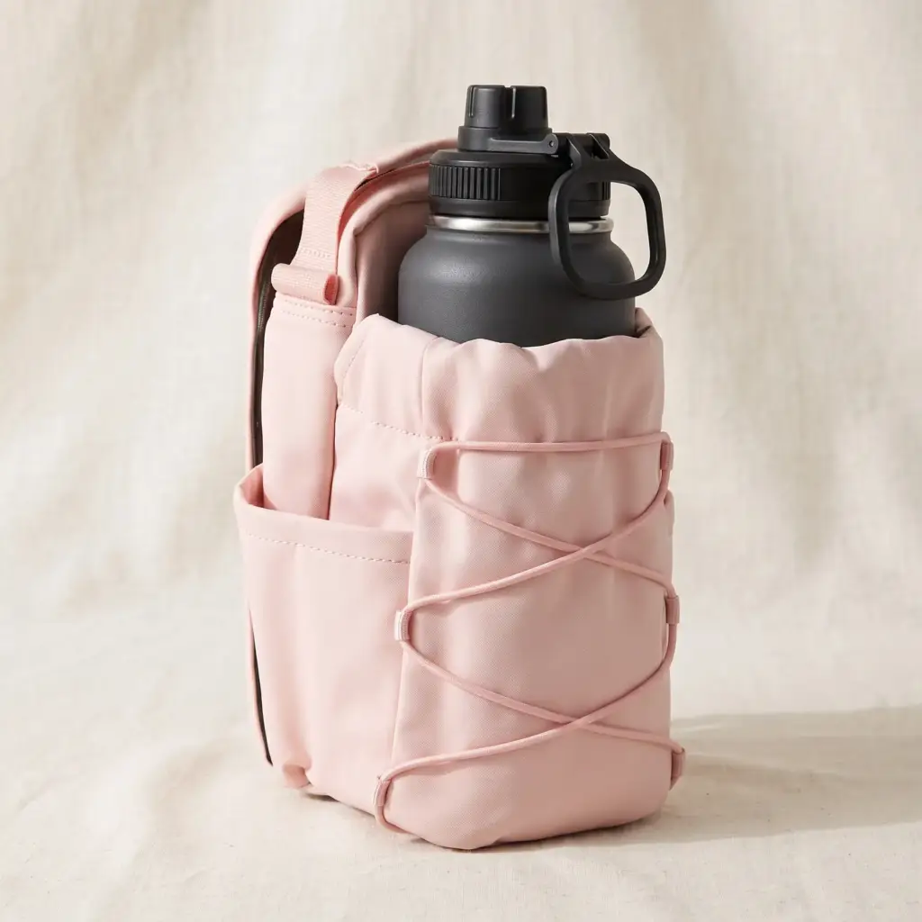 Blush pink MAGLOCK magnetic gym bag with a water bottle in the front sleeve